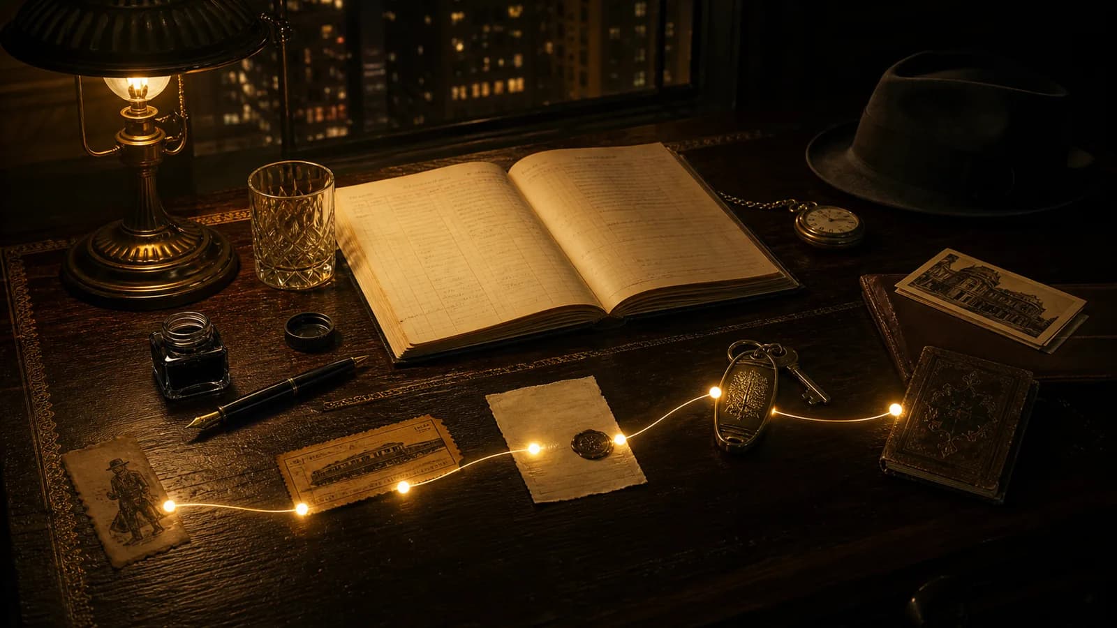 A ledger, train ticket, and warning note connected by five gold points