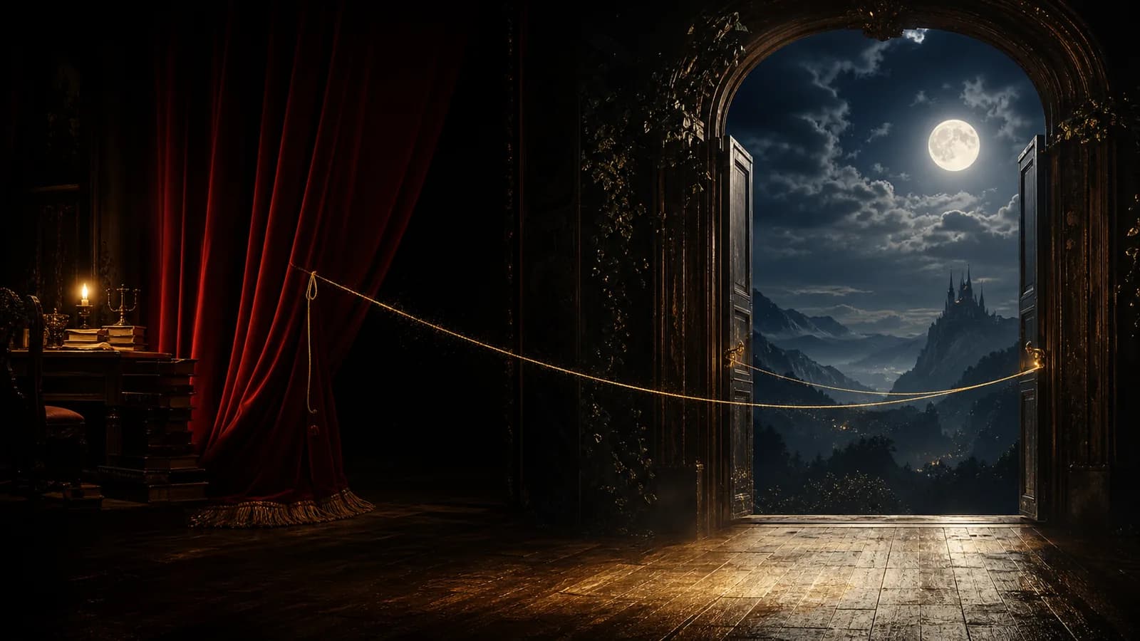 A gold thread connecting a stage curtain and an open doorway