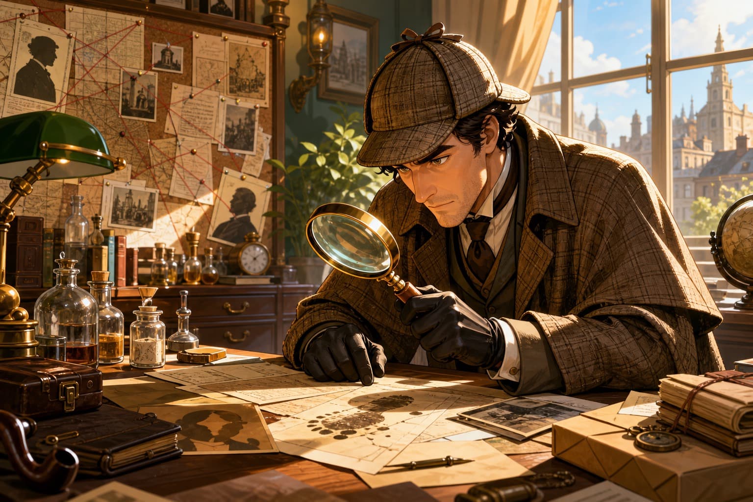 Un detective estilo Sherlock examina pistas con una lupa en una sala de investigación iluminada