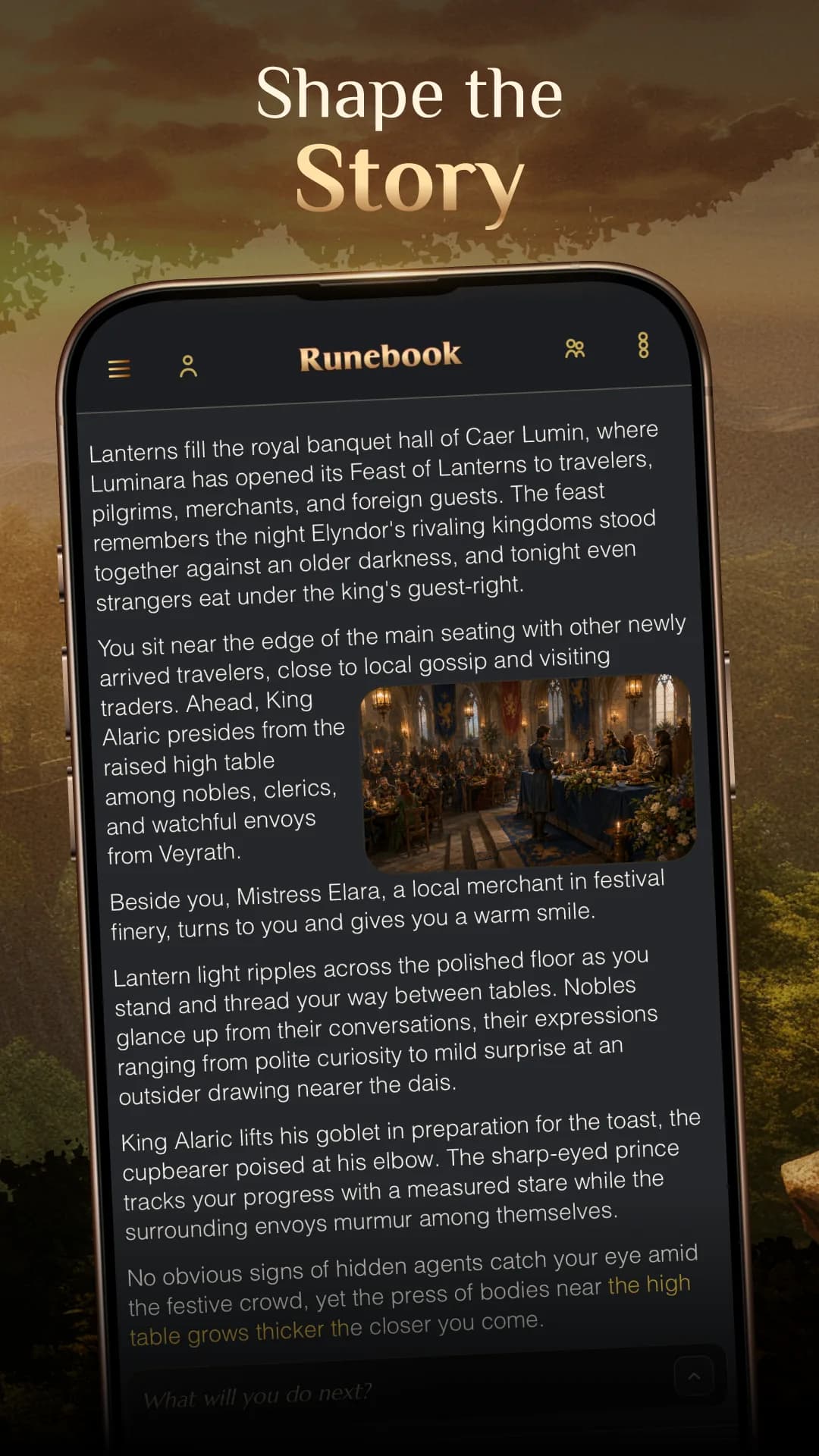 Historia de Runebook en un móvil con texto narrativo alrededor de una imagen de escena
