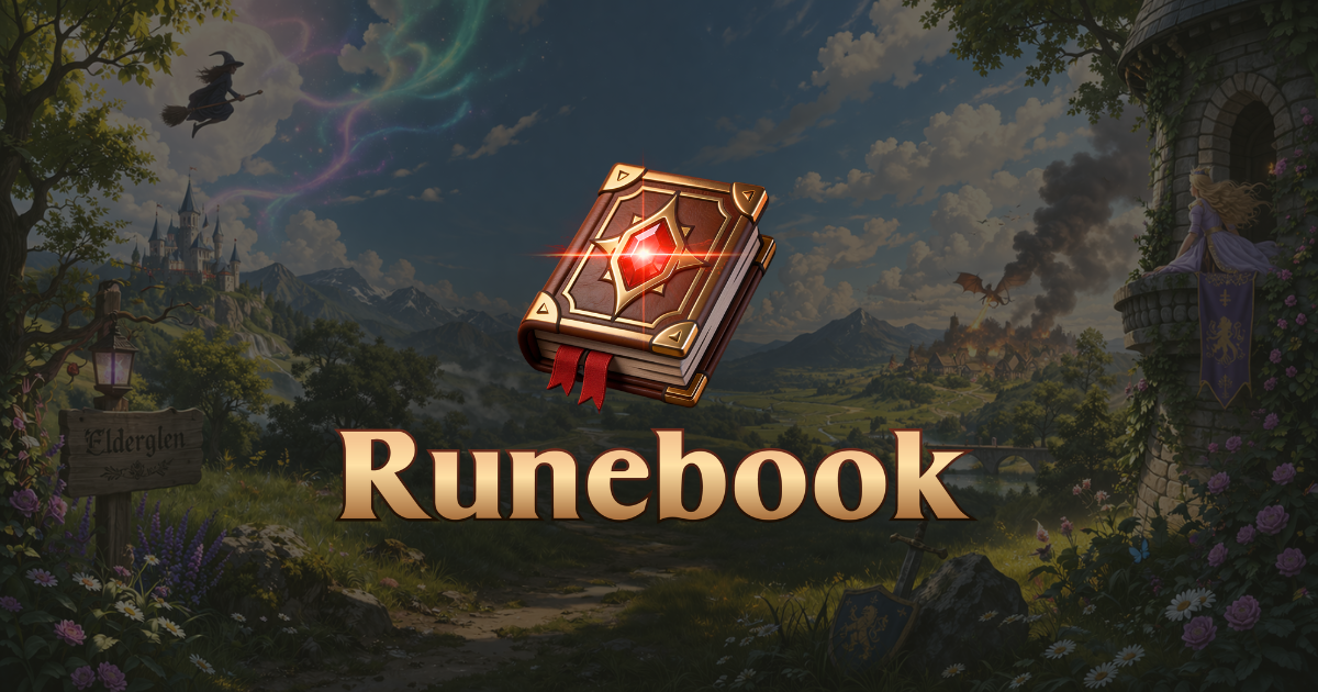 Runebook campaign world with a glowing storybook at the center.