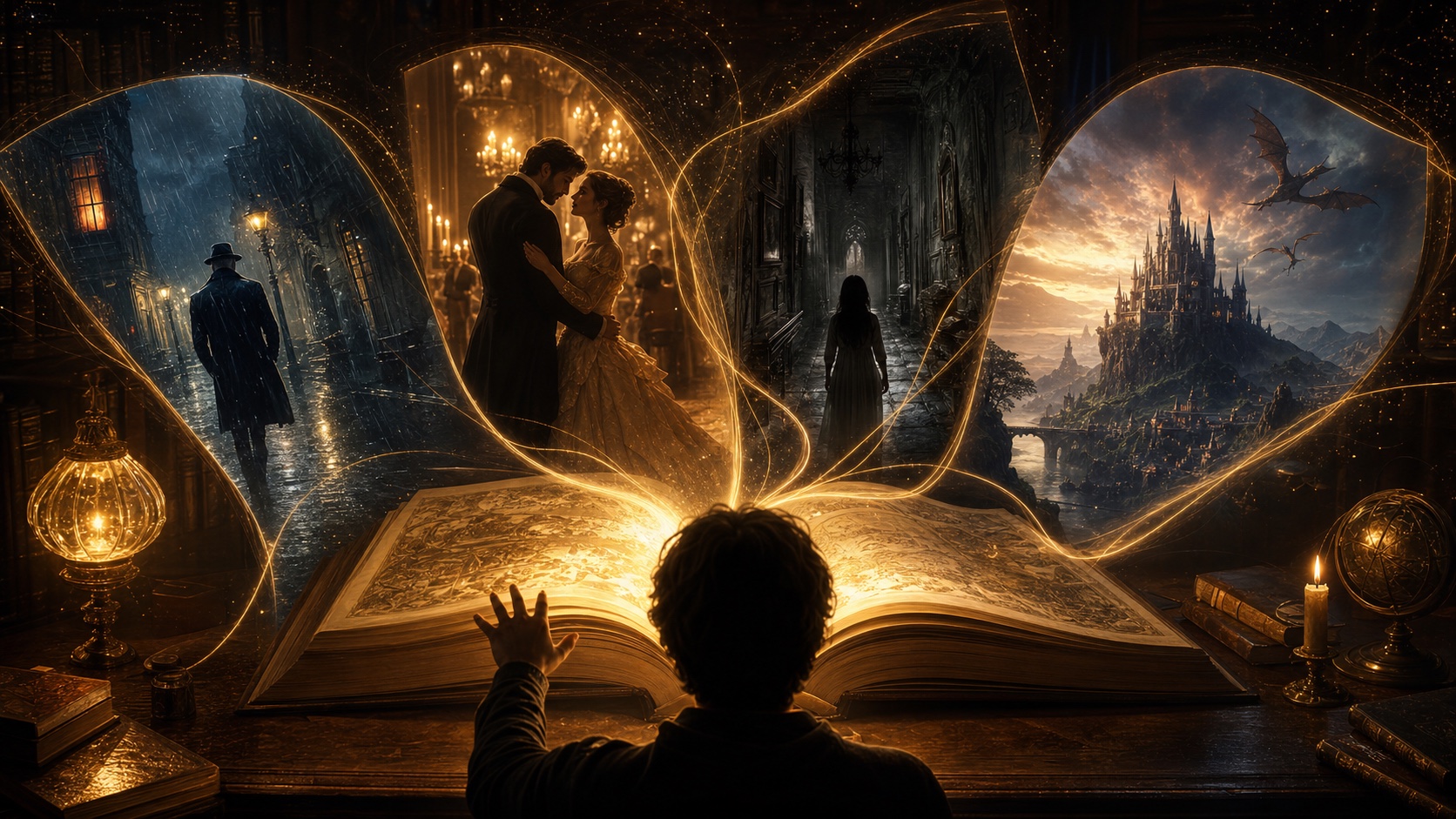 A glowing storybook opening into mystery, romance, horror, and fantasy scenes.