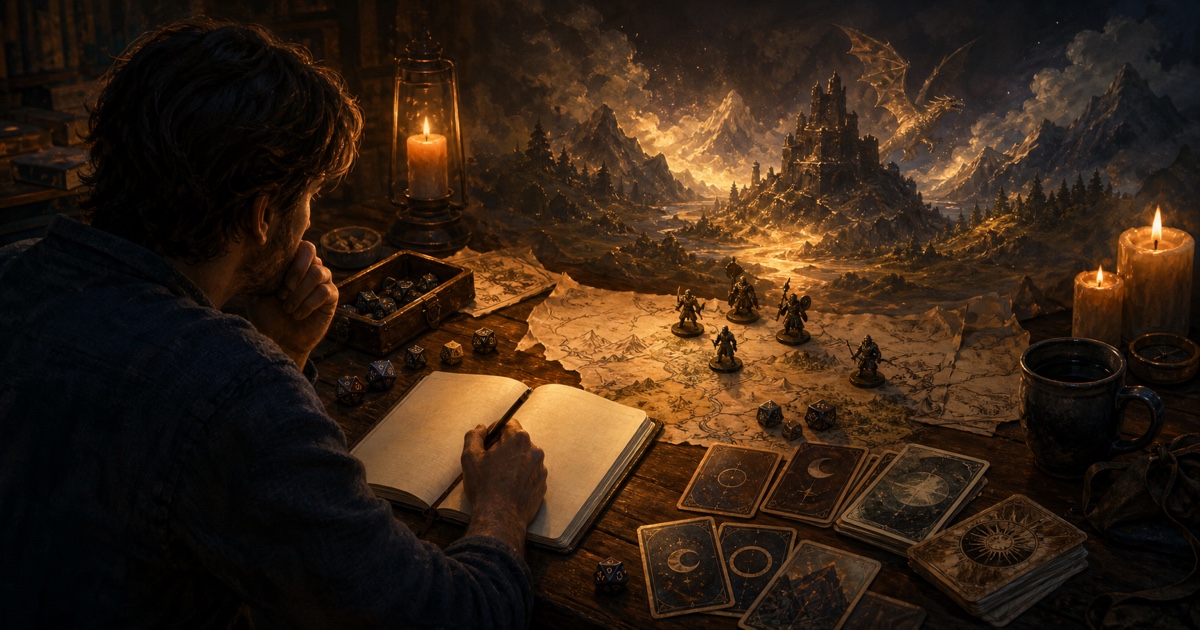 A solo tabletop player writes beside dice, maps, miniatures, and oracle cards as an imagined fantasy landscape rises beyond the table.