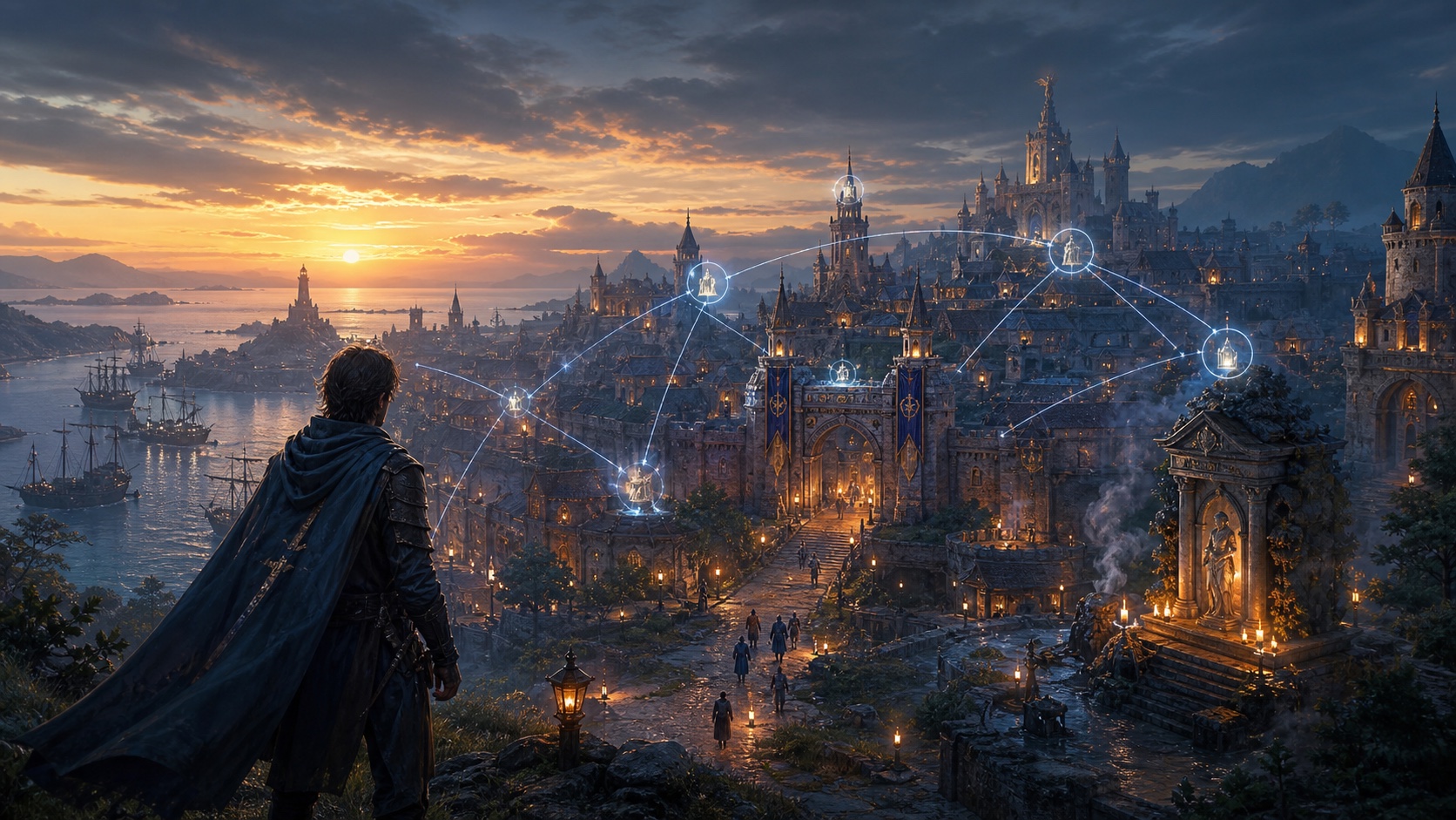 Fantasy harbor city at dusk with memory-like threads connecting remembered campaign consequences.
